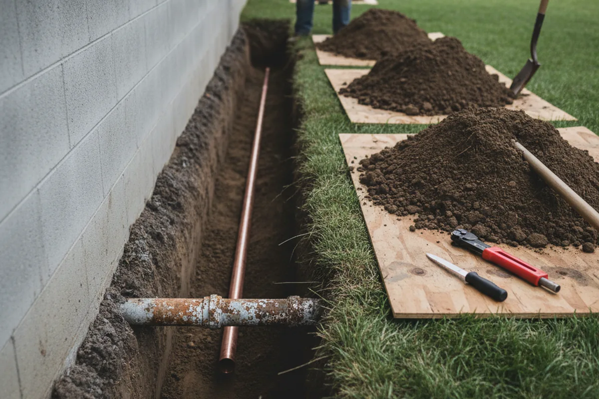Excavated water line trench during Sewer Line Repair in Lometa
